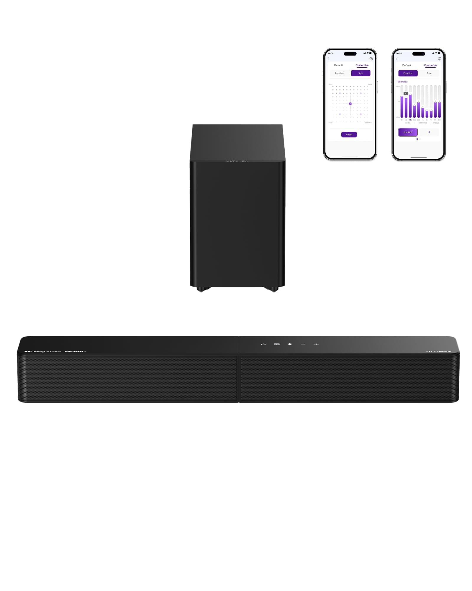 ULTIMEA 2.1 Barre de Son TV avec Caisson de Basses sans Fil, Dolby Atmos, VoiceMX, BassMX, Barre de Son 240W Puissance Max, App Contrôle, HDMI eARC, Optique, Bluetooth® 6.0, Poseidon M40, Modèle 2026