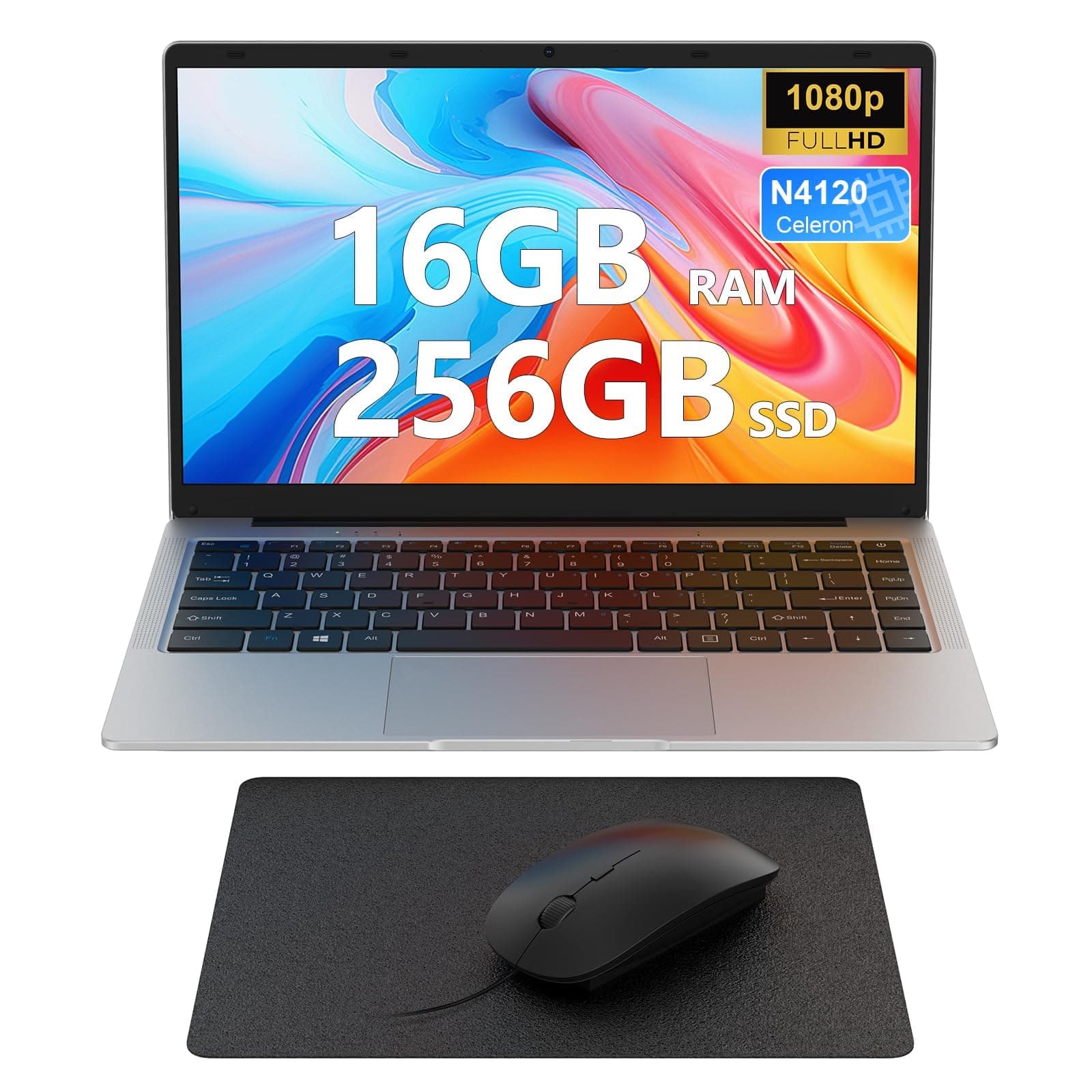 Ordinateur Portable 14 pouces, 16Go DDR4 RAM 256Go SSD Win11 PC Portable, Celeron N4120, 1920x1080 FHD IPS, 5G WiFi/Mini HDMI/USB/BT, Soutien Extension 1TB, inclut Souris/Tapis de Souris/AZERTY Film – Image 1