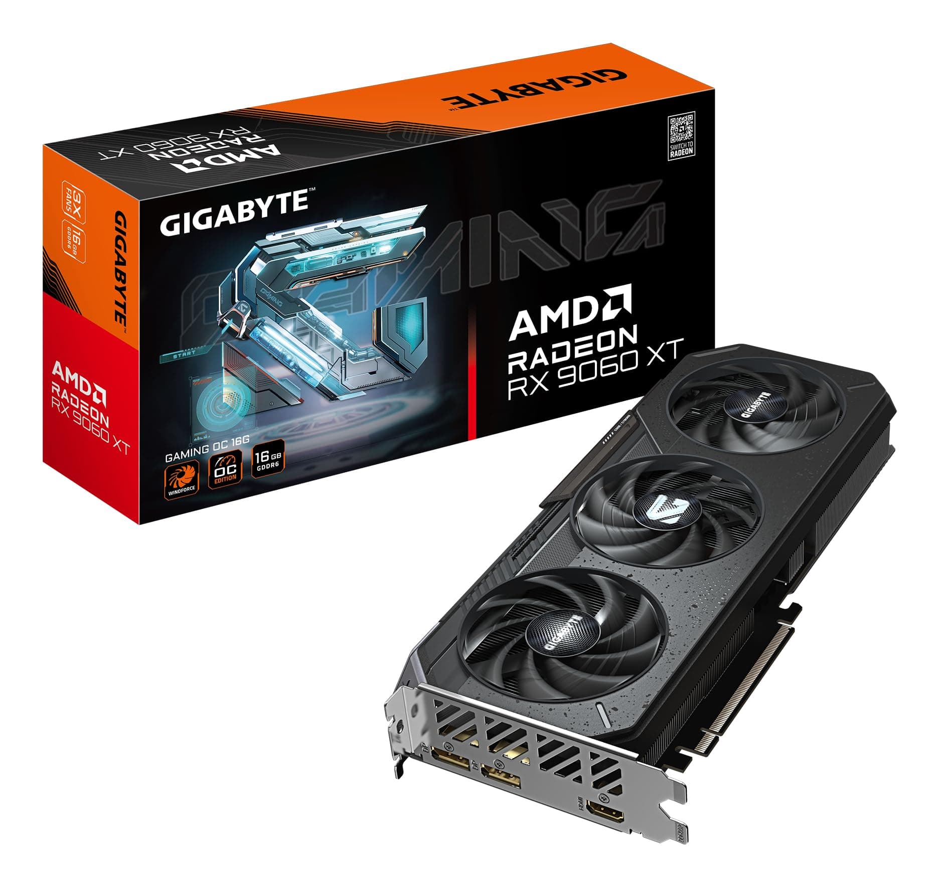 GIGABYTE Radeon RX 9060 XT Gaming OC 16G Carte Graphique - 16GB GDDR6, 128bit, PCI-E 5.0, 3320 MHz Fréquence du cœur, 2 x DisplayPort, 1 x HDMI, GV-R9060XTGAMING OC-16GD