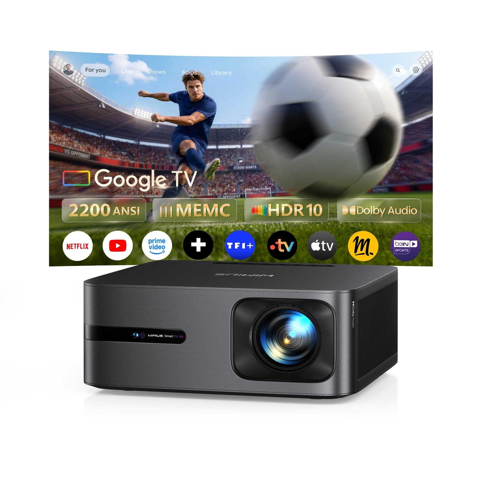 Vidéoprojecteur 4K MEMC【2200 ANSI/Google TV 14.0/Dolby 40W】 Auto Focus/Keystone WiMiUS Vidéoprojecteur de Jour 4K, Contrôle Vocal, HDR10,Rétroprojecteur WiFi Bluetooth 1080P Zoom Home Cinéma HDMI 2.1