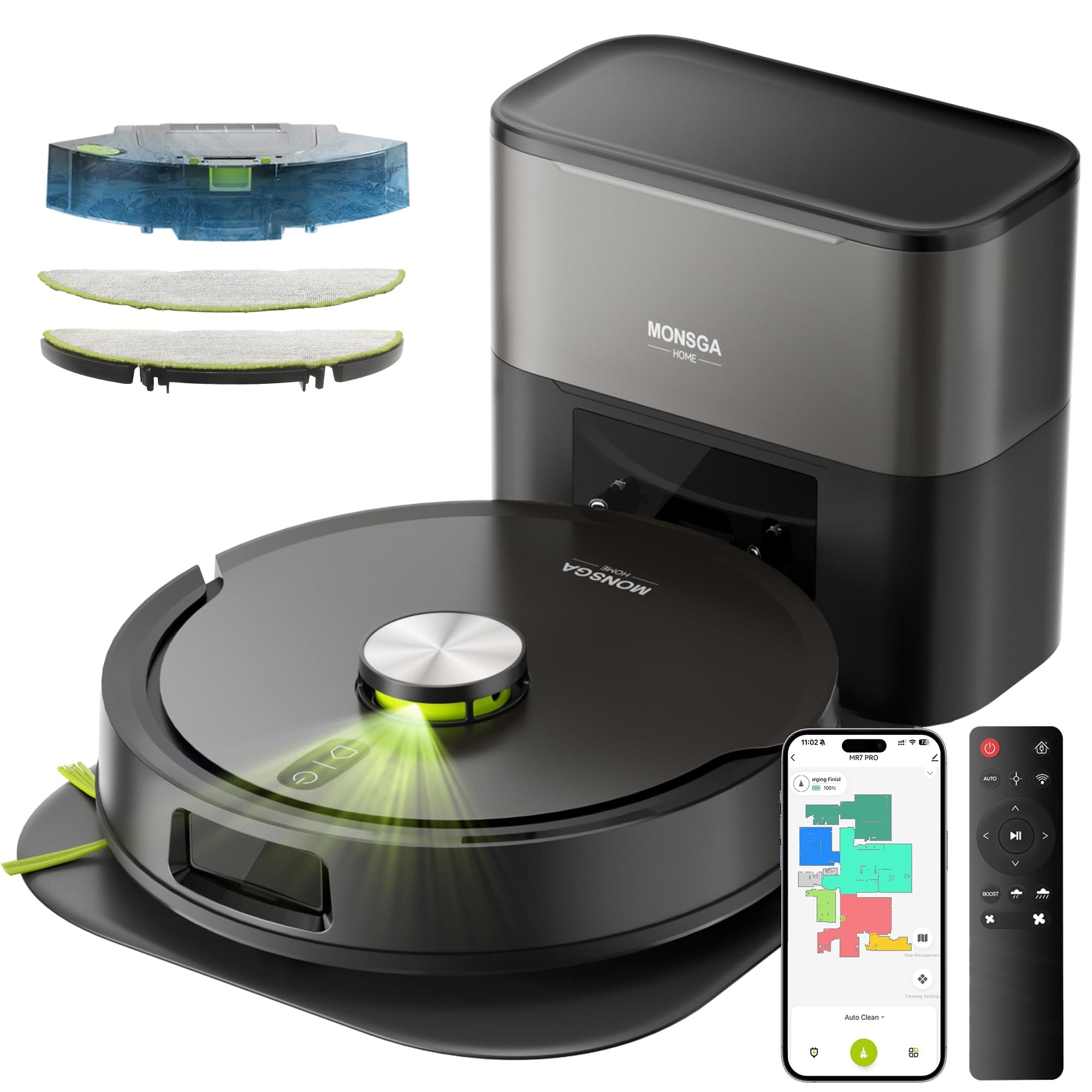 MONSGA Aspirateur Robot 8000Pa, Robot Aspirateur Laveur avec Station Auto-vidage 4L, Plaque de Protection, Navigation LDS, Double Anti-emmêlement pour Cheveux et Poils d'animaux, APP, Contrôle Vocal – Image 1