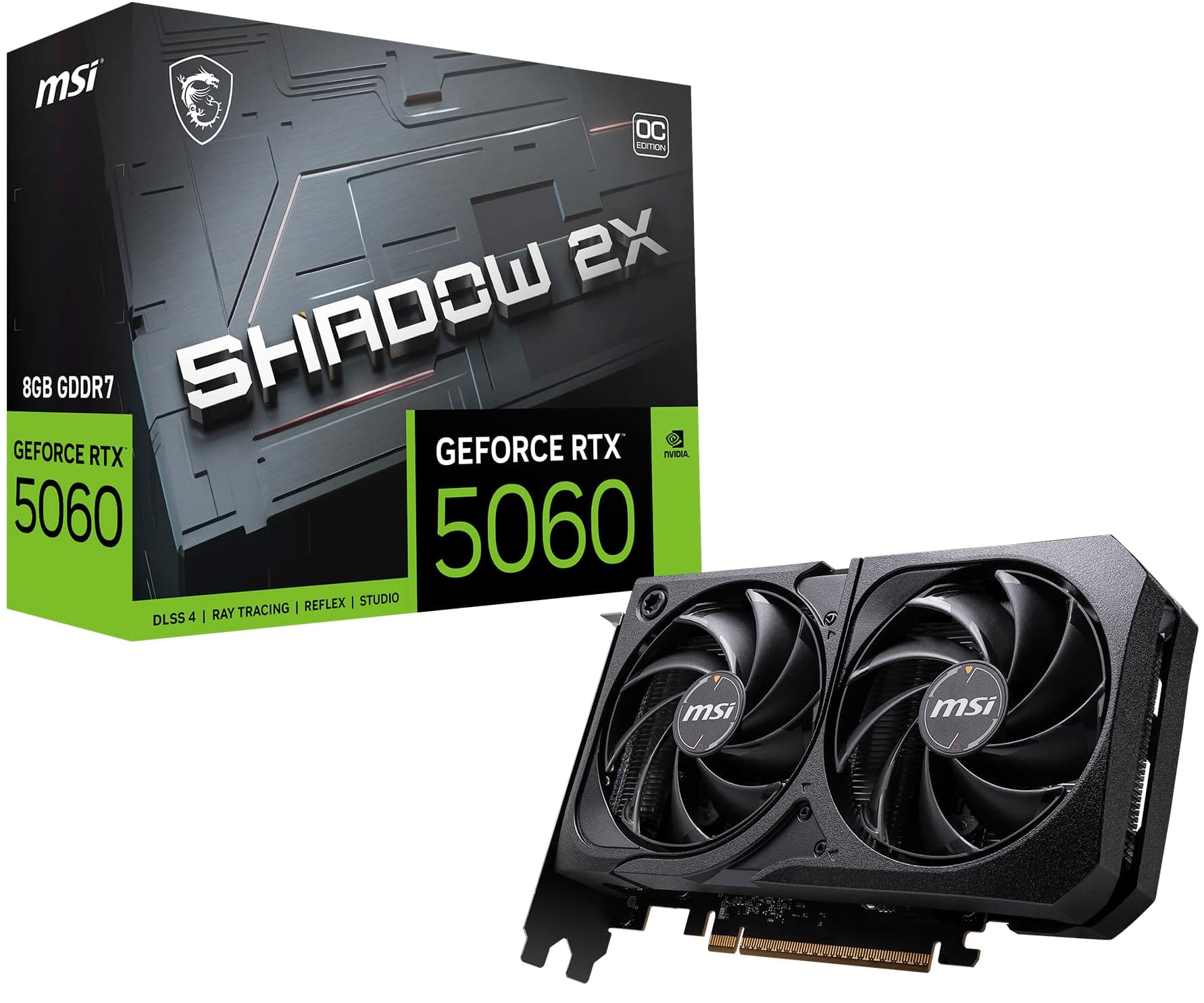 MSI NVIDIA GeForce RTX 5060 8G Shadow 2X OC Carte Graphique - 8 Go GDDR7 (28 GB/s /128 Bits), PCIe 5.0 - Double Ventilateur (2X Ventilateurs TORX 5.0), HDMI 2.1b, DisplayPort 2.1b