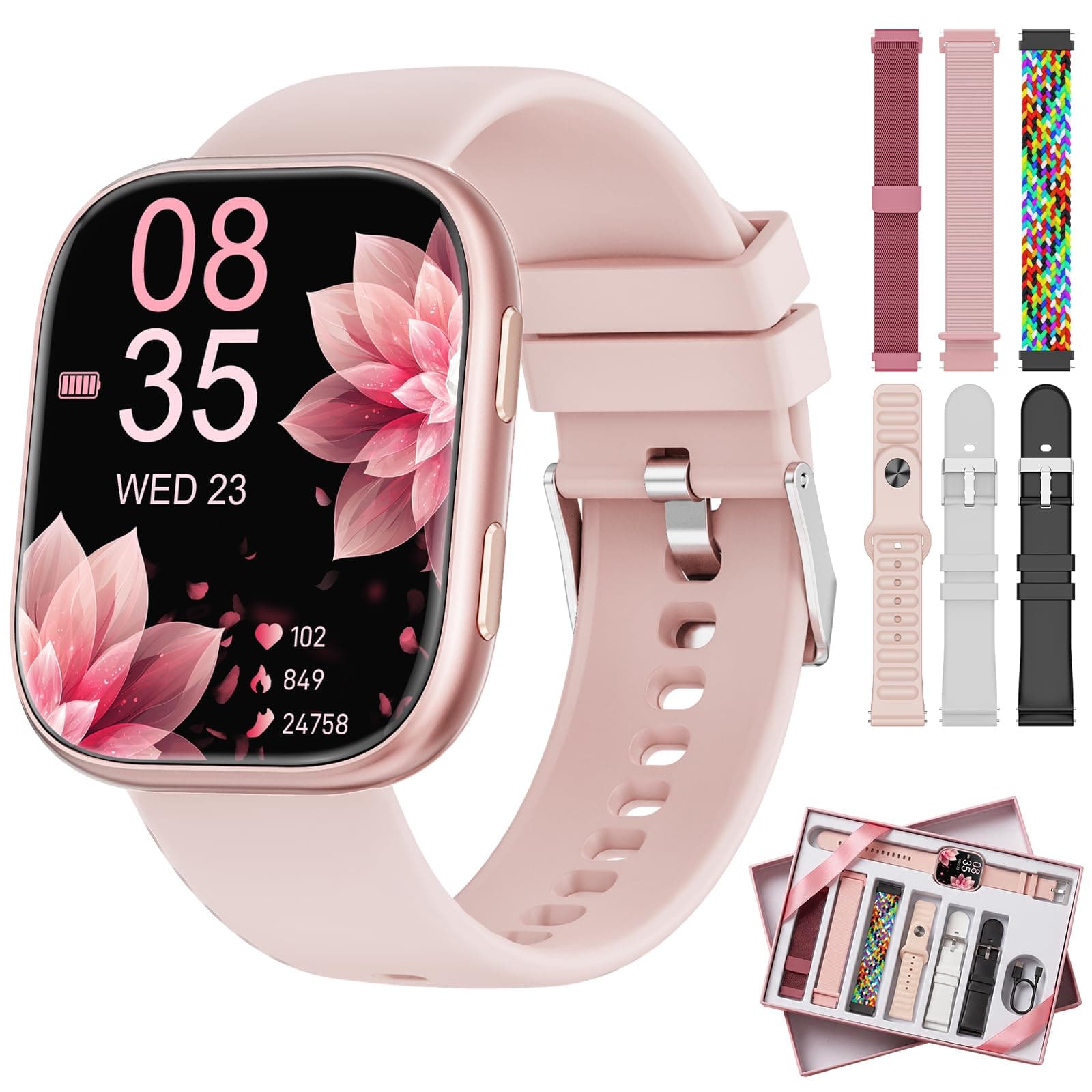 Montre Connectée Femme Homme pour 7 Bracelets et Coffret Cadeau, 1.83'' HD Smartwatch avec Appel Bluetooth, Montre Connectée pour Fréquence Cardiaque, Sommeil, SpO2, 100+ Modes Sportifs, IP68 Etanche