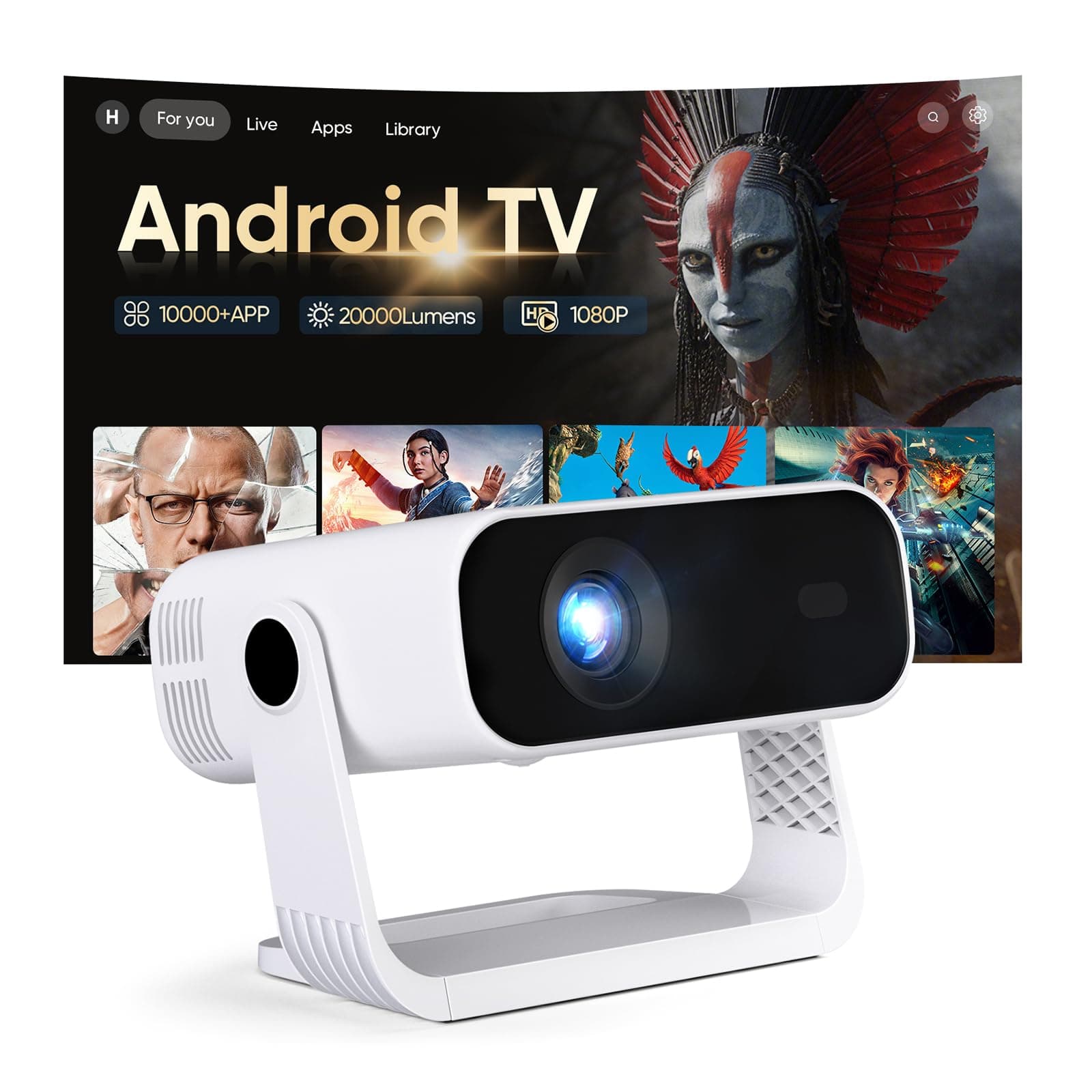 Videoprojecteur Intelligent Applications Intégrées Rétroprojecteur 1080P Natif Supporte 4K WiFi 6 Bluetooth 5.2 210 ANSI Correction Trapézoïdale Automatique Focus Électronique pour Android iOS HDMI