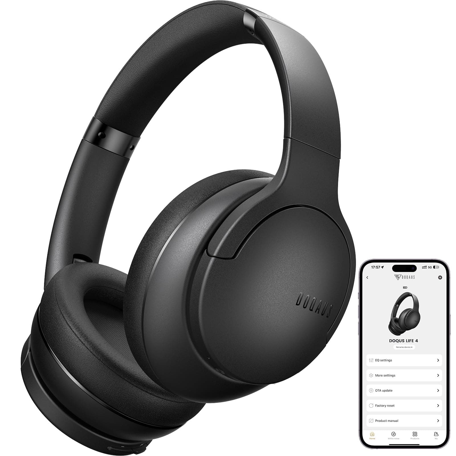 DOQAUS Casque Bluetooth sans Fil 90H Durée Lecture avec 3 Modes EQ Bluetooth 5.3, Casque Bluetooth,Cache-Oreilles protéines Souples,Casque sans Fil stéréo HiFi Microphone pour Voyage/Travail/Vie