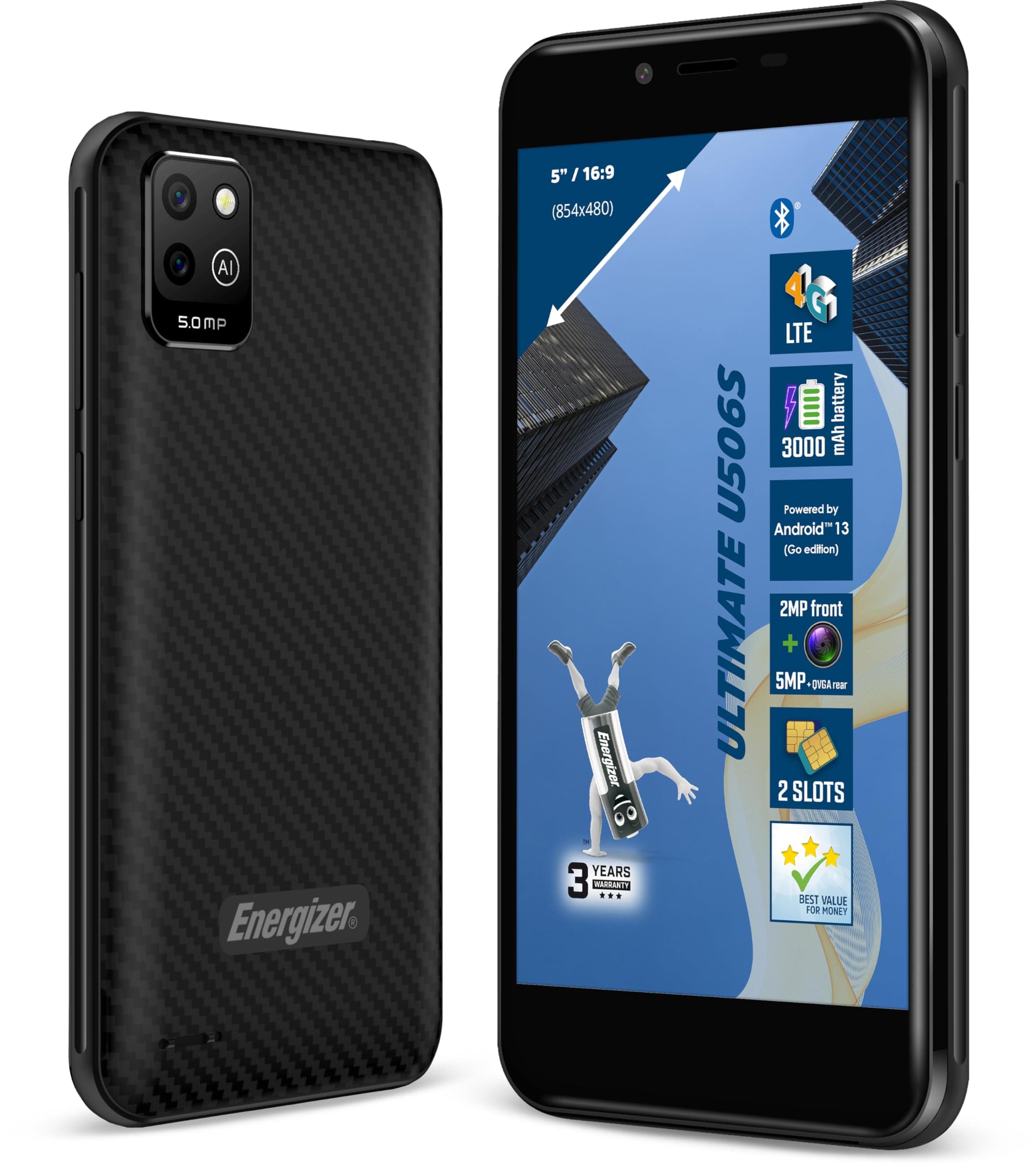 Energizer - Smartphone U506S - Pas Cher Débloqué 2GB RAM / 32GB ROM - Ecran 5" - 3000 mah Batterie - Caméra 5MP+QVGA arrière / 2MP Avant - Android 13 GO - Noir - Double SIM