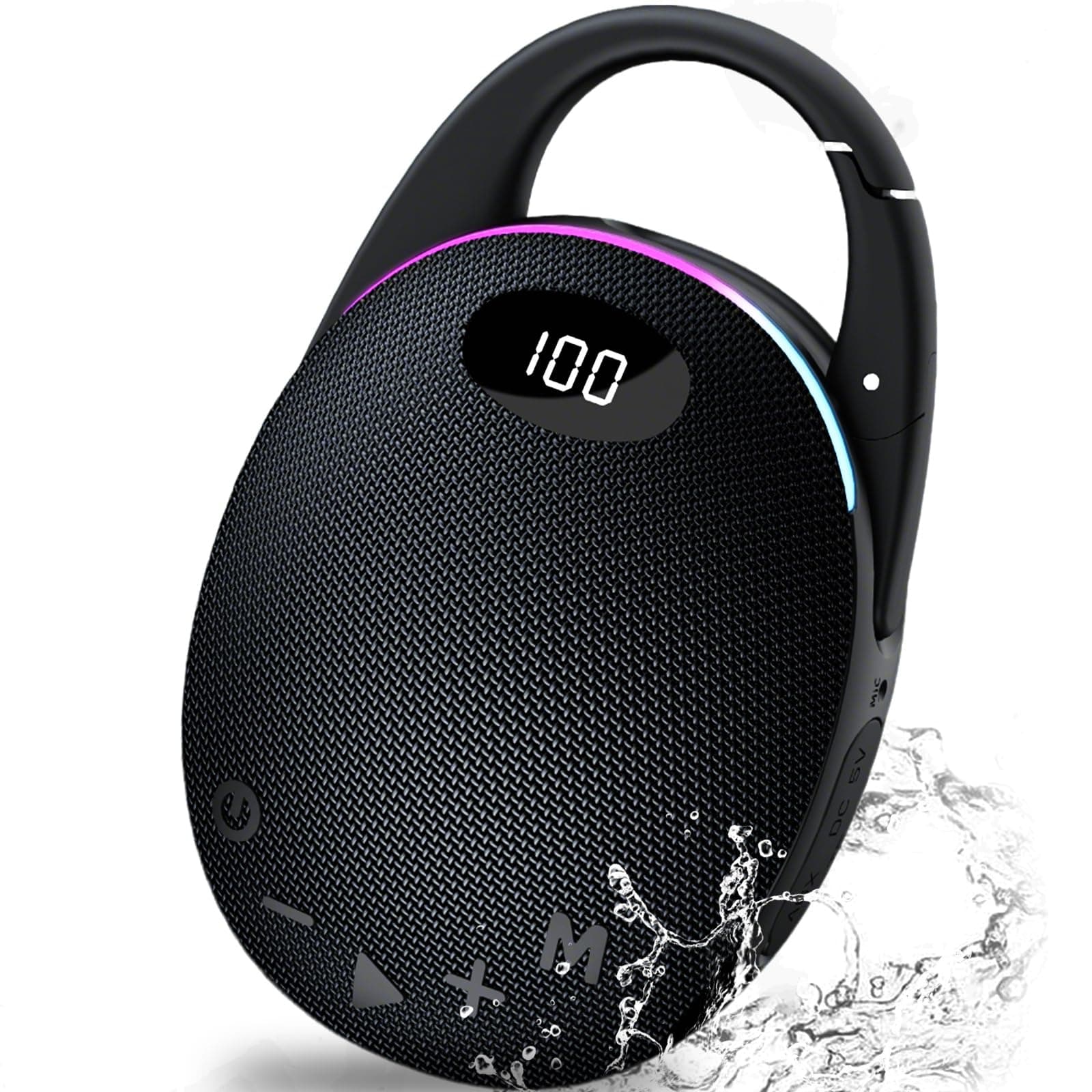 Enceinte Bluetooth Ultra-Portable, LED Écran, Mousqueton intégré, Bass Puissantes, son Pro, Basses Puissantes, 25H d'autonomie, Lumières RGB, Appairage TWS,AUX,TF, pour l'extérieur/La Fête/Voyage,Noir