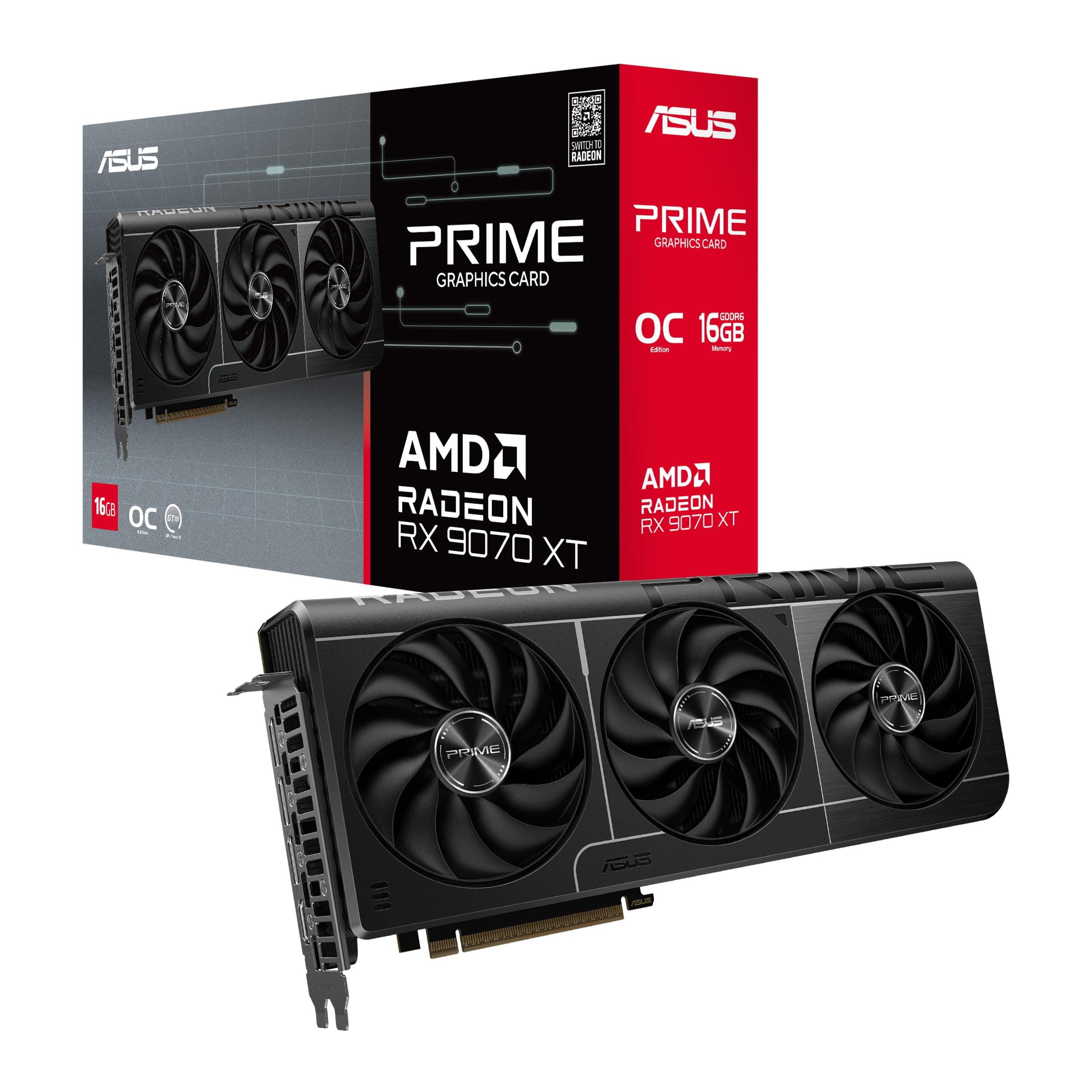 ASUS Prime Radeon RX 9070 XT OC Edition – Carte Graphique (16GB GDDR6, PCIe 5.0, HDMI, DisplayPort 2.1, 2.5-Slot, Ventilateurs axiaux à Double roulement à Billes, Dual BIOS)