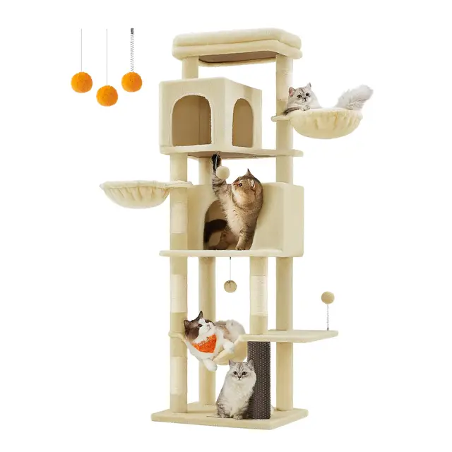 Feandrea Arbre à Chat, Tour à Chat de 175 cm de Haut, Multi-Niveaux, avec 2 Niches, 2 Paniers, 5 Griffoirs, Toilettage Autonome, Perchoir, Hamac, Beige Sable PCT182Y01