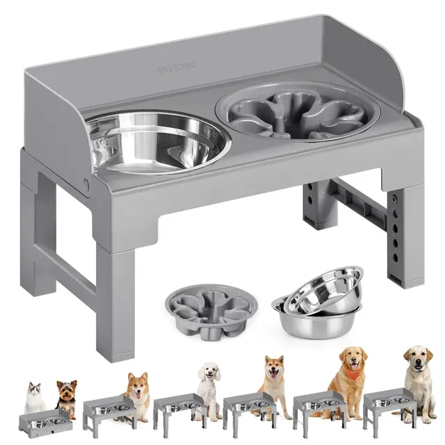 Feandrea Gamelle pour Chien Surélevée, avec Support, Ajustable en Hauteur et Inclinable, Support Gamelle, 2 Bols en Acier Inoxydable 304, 1 Bol Anti-Glouton, Gris Tourterelle PRB103GD01