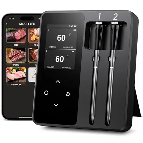 Thermomètre Cuisine Sans Fil avec 2 Sondes, Grand Écran LCD, 130m Meat Thermometer Bluetooth avec Smart APP, Sonde Temperature Connectée pour Barbecue, Four, Grill, Fumoir, Rôtisserie, Airfryer