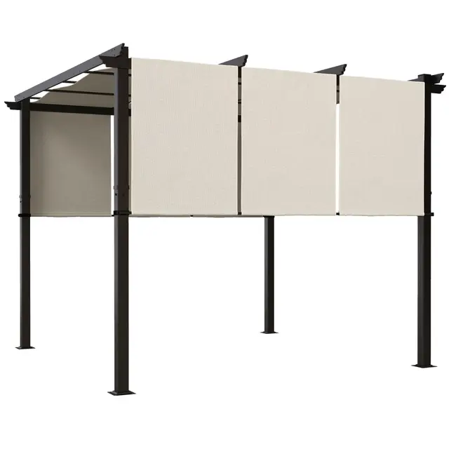 Outsunny Pergola avec 3 Toiles Coulissantes 3 x 3 x 2,38 m, Structure Acier Noir, Toile Polyester Haute Densité Beige