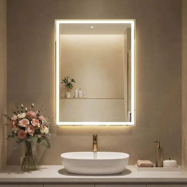 SONGMICS Miroir de Salle de Bain avec Éclairage, Miroir Mural Rectangulaire, Anti-buée, Température et Luminosité Réglables, pour Coiffeuse, Chambre, 70,7 x 50,7 cm, Blanc Nuage LWM212WC02