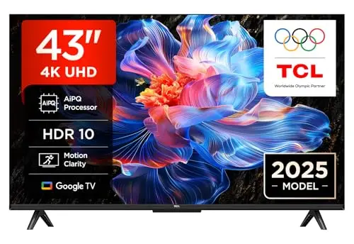 TCL 43V6C TV 43" 4K UHD Smart LED TV, 4K HDR, Google TV avec Design sans Bords (Dolby Audio, Motion Clarity, Compatible avec Google Assistant et Alexa)