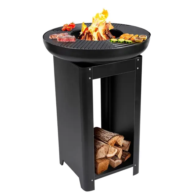 Foyer et Plaque de Cuisson 3 en 1 Alpina - Cheminée de Jardin 61 X 90 cm - avec Plaque Chauffante Teppanyaki - Barbecue à Plancha avec Rangement pour Bois de Chauffage - Foyer Extérieur