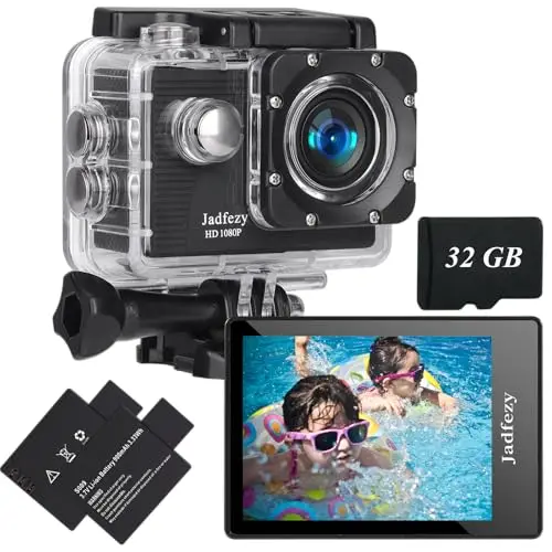 Camera Sport 1080P FHD avec Carte Mémoire 32GB,Etanche 30M Caméra d'action Grand Angle, avec Deux Piles Rechargeables 900 mAh Caméra Sport et kit d'accessoires（Nouveau 2026