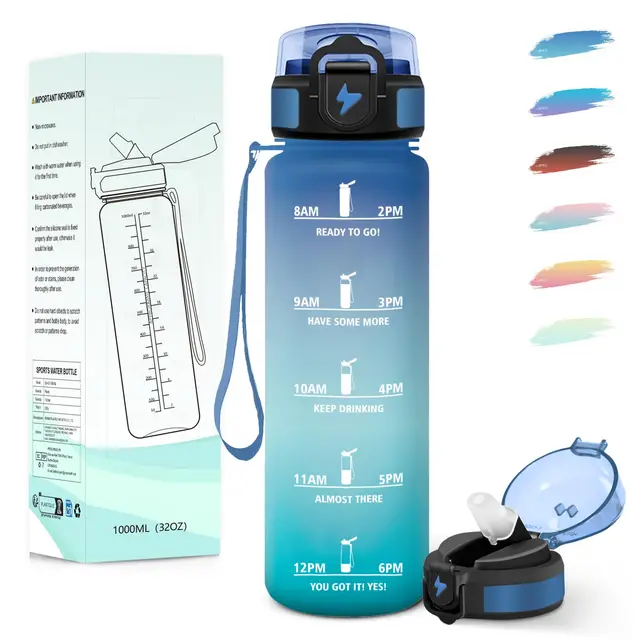 Motswedi Gourde 1l, avec Paille, Gourde Sport, Anti-Fuite, Bouteille, Réutilisable, Bouteille d'eau, avec Marqueur de Temps, pour Fitness, Yoga, Sport, Camping, Gym, Travail, Bleu Vert