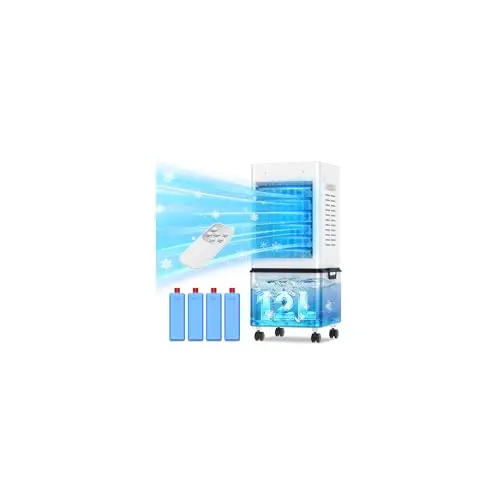 Climatiseur Mobile Silencieux Rafraîchisseur d'Air 12L, Entrée d'Air sur 3 Côtés, 45W avec 6 Vitesses, 3 Modes, Minuterie 24H, Oscillation 60°/120°, 4 Blocs de Glace Inclus pour Chambre, Bureau