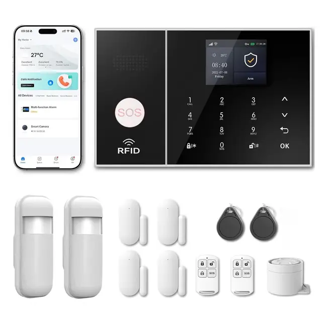 Alarme Maison sans abonnement sans Fil WiFi + 4G pour Maison et Appartement, kit Alarme connectée Smart Life, alertes par Appel & SMS, Compatible Alexa & Google Assistant
