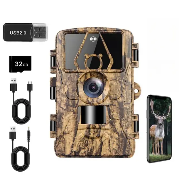 Caméra pour animaux sauvages avec vidéo 8K, 60 MP Full HD, WiFi et application de transmission de téléphone portable, capteur de mouvement, vision nocturne, temps de déclenchement de 0,1 s, caméra