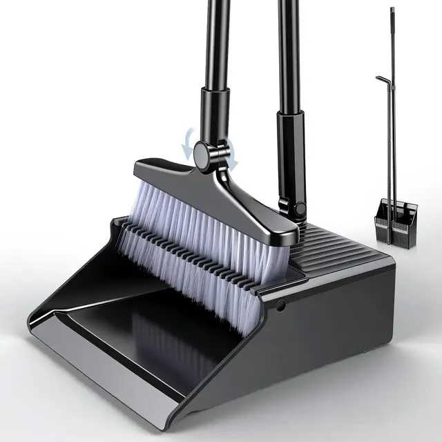 Ensemble Balai et Pelle Daris, Pelle et Brosse Noire à Long Manche, Balai Vertical, Brosse Rotative à 180 Degrés, Pelle à Poussière Domestique avec Dents en Peigne pour Usage Intérieur et Extérieur