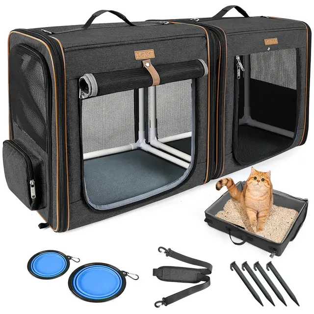 Lekeinchi Boîte De Transport 2 en 1 pour Chien Et Chat avec Cadre en Fibre Solide, Pliable Et Adaptée Comprenant Une Litière pour Chat, 2 Bols Et 2 Tapis pour Animaux - Noir (XL)