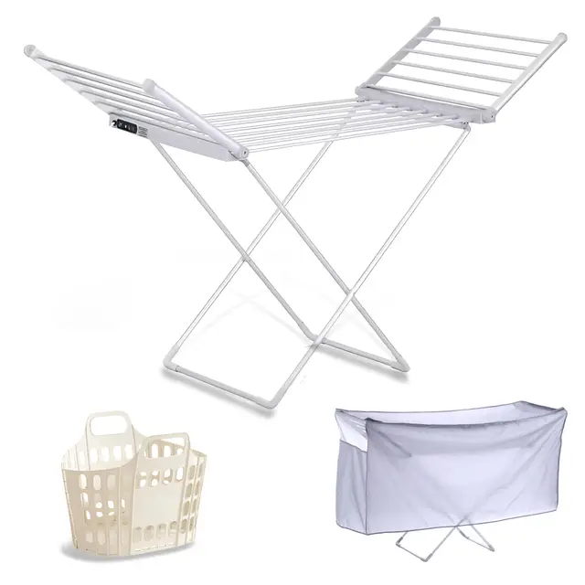Étendoir à Linge Chauffant, Sèche Serviette Électrique Pliable, Sechoir a Linge Electrique Basse Consommation | 18 Barres Aluminium | Écran LED & Minuterie | Housse Thermique & Panier Inclus