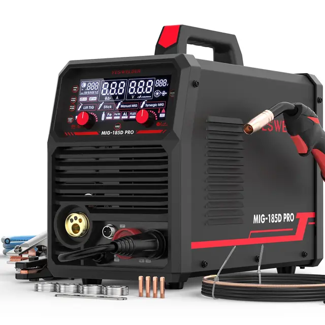 YESWELDER 185A Poste à Souder MIG MAG, Flux Core MIG/Gaz MIG/Spool Gun MIG/Lift TIG/Stick 6 en 1 Poste de Soudage Aluminium multi-processus 230V, LED Affichage Numérique Contrôle Synergique