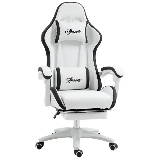 Vinsetto Chaise Gaming Fauteuil Gaming Ergonomique Repose-Pieds télescopique, Dossier inclinable à 135°, Appui-tête réglable et Soutien Lombaire, Fauteuil de Bureau 360° Rotatif en Similicuir, Blanc