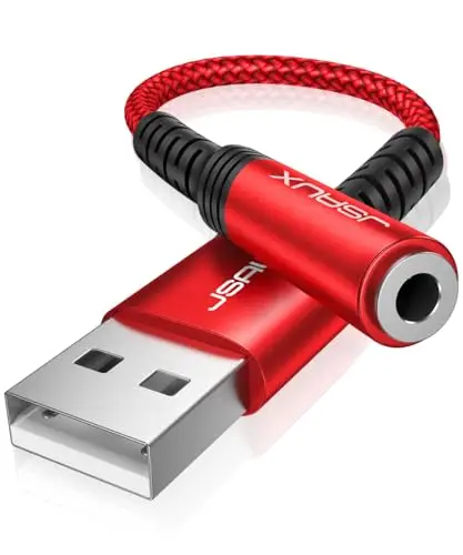 JSAUX Adaptateur USB Audio vers Jack 3,5mm Carte Son Externe USB pour Casque Audio Micro TRRS Enceinte Haut Parleur Compatible avec PS4, PS5, Casque, Windows, Linux,Mac, PC-Rouge
