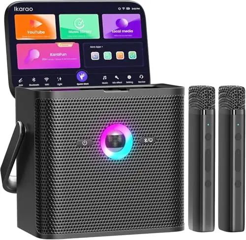 Machine de karaoké Ikarao pour adultes et enfants, avec écran d'affichage des paroles, connexion WiFi à YouTube et à l'application de karaoké, 2 microphones sans fil EQ Autotune, système PA de karaoké