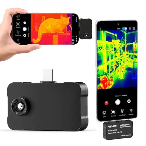 VEVOR Caméra Thermique pour Android et iOS Super Résolution TISR 512x384 Imageur Thermique Infrarouge Résolution 256x192 pour Smartphone et Tablette, 25 Hz, -20 °C à 550 °C, avec 6 Palettes Couleurs