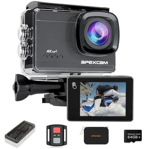 Caméra Sport 4K 60FPS Écran Tactile 64MP avec Stabilisation EIS, Camera Étanche 4K 40M WiFi, 2 Batterie 1350mAh, Carte 64GB Incluse et Étui de Rangement – Action Cam pour Plongée, Vélo, Ski, Voyage