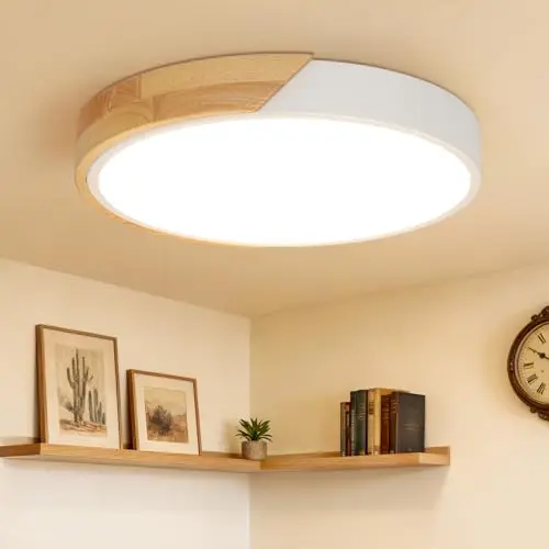 Kimjo Plafonnier LED Rond Bois Blanc