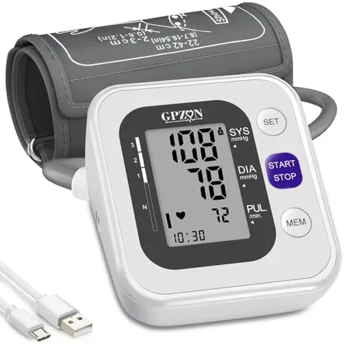 GPZON Tensiomètre Électronique Professionnel Pour Le Haut du Bras, Manchette ajustable 22cm-42cm, Mémoire 2x120, Blanc