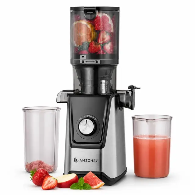 AMZCHEF Extracteur de Jus à Froid, Slow Juicer avec Ouverture 118 mm, Extracteur de Jus de Fruits et Légumes Entiers, Fonction Inverse, Double Filtration, Jus Maison, Facile à Nettoyer, Argenté