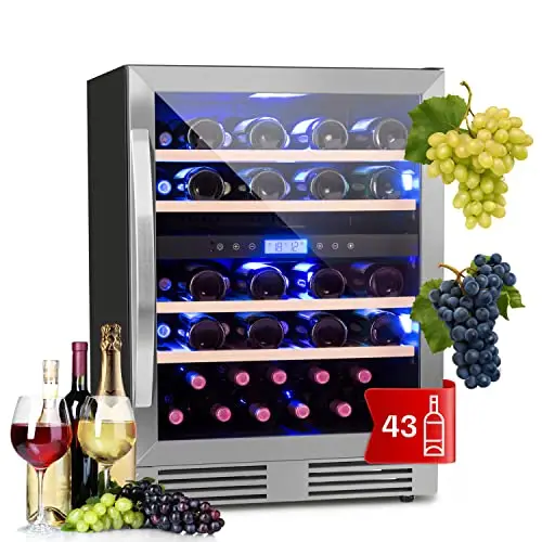 KLARSTEIN Cave a Vin Encastrable, Caves à Vin de Conservation de 129L, Porte en Verre, à Double Zone, Bar Int/Ext, Frigo Vin Bizone, de Vieillissement, 43 Bouteilles
