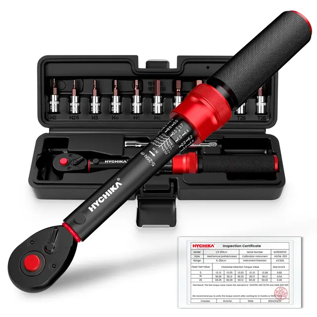 HYCHIKA Kit de 13 Clés Dynamométriques 1/4" 5-25Nm, Précision ±2%, Set Clé Dynamométrique Velo 72 Dents avec Prolongateur, Embouts et Boîtier de Rangement