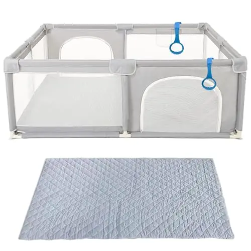 Parc Modulable 150x200 cm pour Enfant en Bas Âge avec Porte Zippée, Tapis Gris Clair