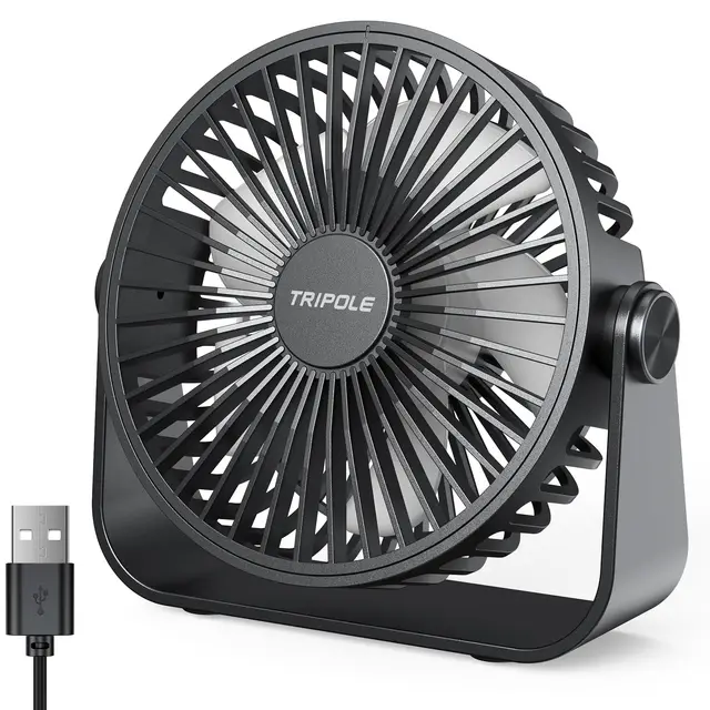 TriPole Ventilateur USB de Bureau, Mini Ventilateur Silencieux 3 Vitesses, Rotation 360°, Câble 1,5 m, Ventilateur Compact 4,5 Pouces pour Bureau, Chambre, Maison, Camping, Noir