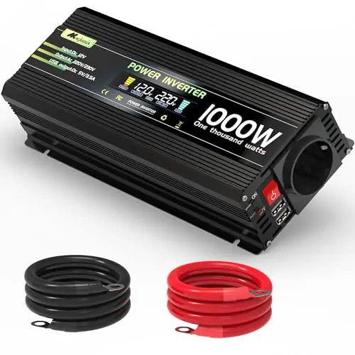 1000W/2000W Convertisseur 12V 220V/230V Pur Sinus Transformateur, DC AC Onduleur Power Inverter Allume 2 Prise EU De Courant Alternatif LCD pour Voiture, Camping, Voyage, Panneau Solaire, VR