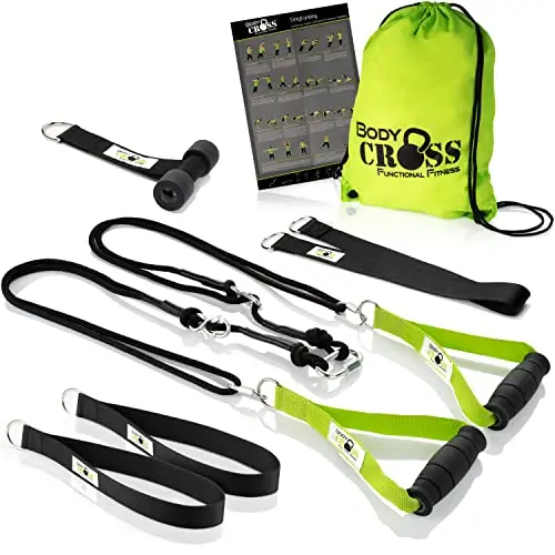 BodyCROSS Sling Trainer Haut de Gamme – Sangles de Suspension Certifiées avec Poster d’Exercices, Programme d’Entraînement 10 Semaines, Fixations de Porte, Espaceur & Boucle d’Attache