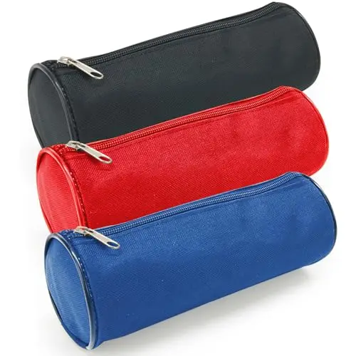 Waytex Lot de 3 Trousses Ronde Fourre-Tout Crayons Fournitures Scolaires Longueur 21cm Diamètre 7.5cm – 3 Couleurs Assorties Noir, Bleu, Rouge