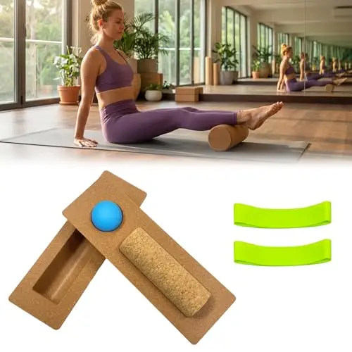 Ensemble de planche d'équilibre 4 en 1 en liège – Renforcement des pieds et de la cheville avec rouleau, balle de massage et bandes d'orteils – Planche d'équilibre compacte pour la physiothérapie à