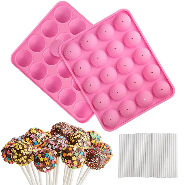 Moule Pop Cake, Moules à Lollipop Bonbon, 20 Cavités Moule à Bâtons Pops en Silicone, avec 100 Bâtonnets de Sucette pour Sucette Chocolat Gâteau Outils de Cuisson Bricolage, Rose