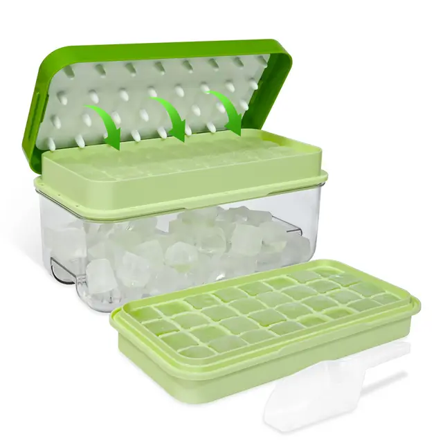 Plateaux à glaçons pour congélateur avec couvercle et poubelle, fabrication de 64 glaçons, facile à presser pour démouler la glace, 2 plateaux, 1 seau à glace et pelle (vert)