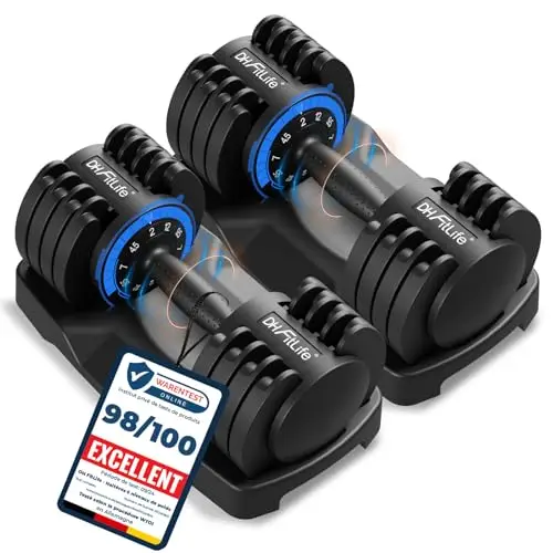 DH FitLife Lot de 2 haltères réglables de 12 kg - 2 à 12 kg - Avec 5 niveaux de poids - Avec disques d'haltères - Haltères courts réglables - Poids variable 5 en 1