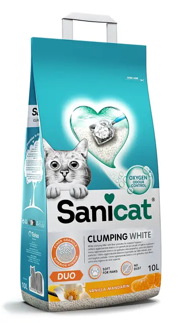 Sanicat - Litière pour Chats agglomérante Blanche - Parfum de Vanille et Mandarine, Fabriquée à partir de minéraux naturels avec contrôle d'odeur, Capacité de 10 L