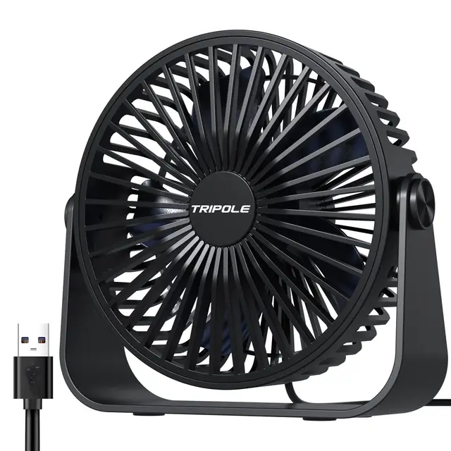 TriPole Ventilateur de Bureau USB à 3 Vitesses - Silencieux, Réglable à 360°, Portable pour Maison, Chambre, Voiture, Camping en Plein Air-Noir