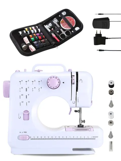 Machine à coudre portable avec 2 vitesses et 12 points. Comprend une pédale, un kit de couture, une lumière de travail et un coupe-fil. Fonctionne avec câble ou piles AA (non incluses)
